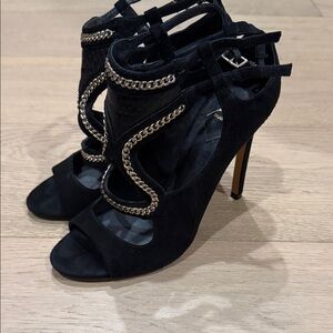Black Chain-Trim Suede High Heel Sandals
